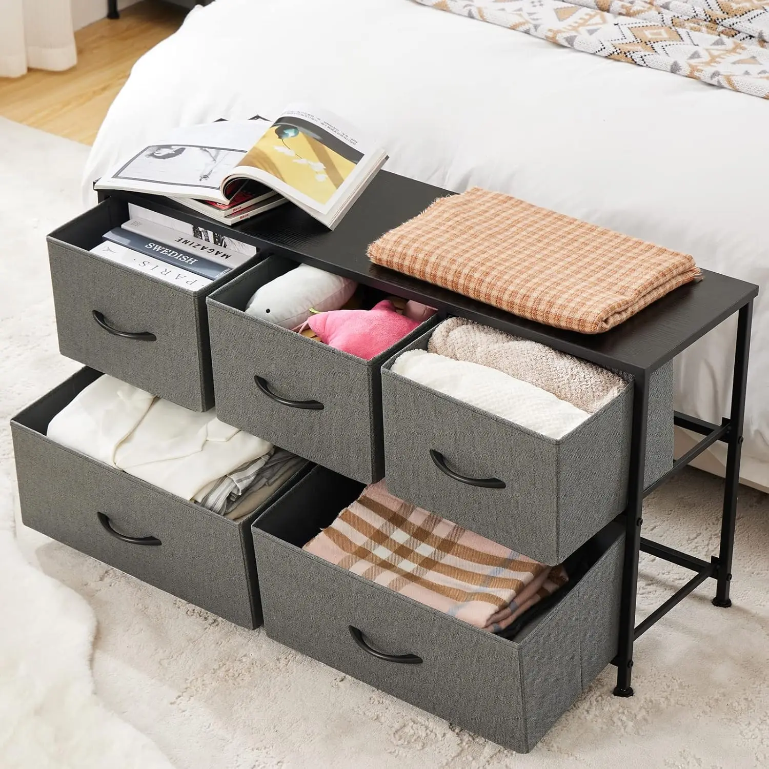 Armazenamento de cômoda de tecido com 5 organizadores, armário no peito, roupas pequenas, armário, gaveta Binis, criado-nightstand for Bedroom, Kids Furniture