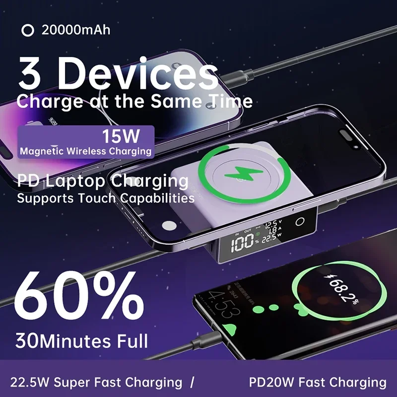 20000mAh Powerbank Mini Portable Charger 22.5W Power Bank Fast Charging Magnetic Wireless Charger Powerbank for iPhone 16 15 14