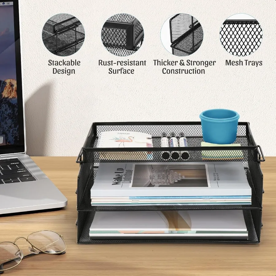 Органайзер для бумажных лотков для писем, 3-уровневый сетчатый настольный органайзер для файлов, лотки для писем, штабелируемые порта, съемный дизайн, черный