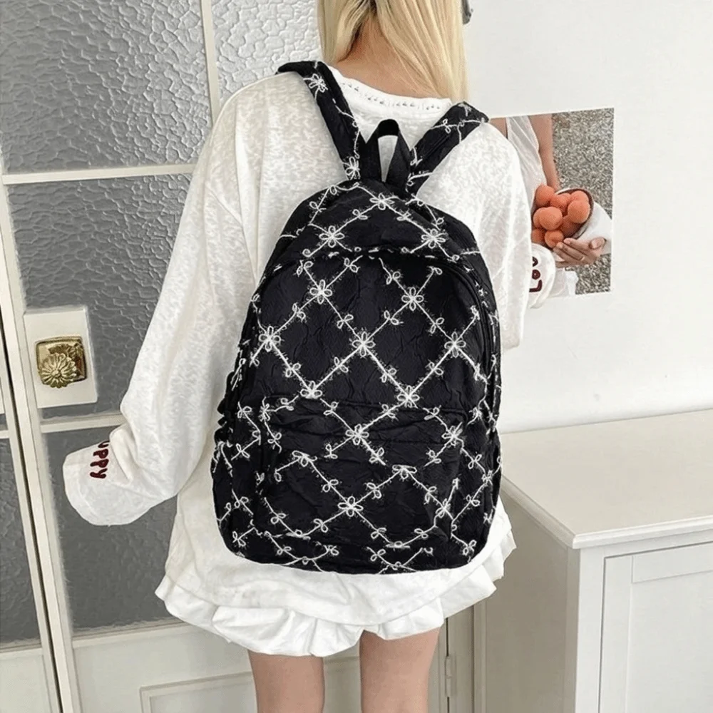 Fashion Sweet Bow Backpack Minimalist Solid Color Nylon Rucksack Multi Pocket Lightweight Student School Bag Commute