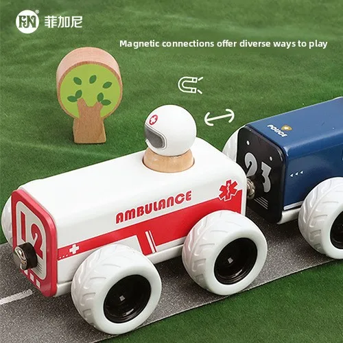 รถของเล่นเด็กสนุกๆ รถตำรวจ รถพยาบาล ไม้ แบบดึงหลัง ของขวัญสำหรับเด็กชายและเด็กหญิง