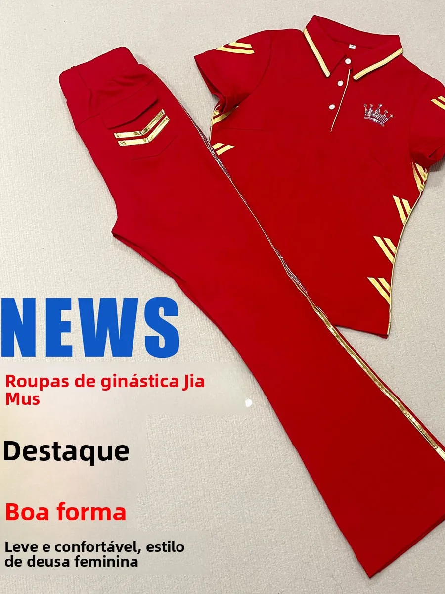 red-roman-cotton-short-sleeve-square-dance-costume-with-gold-trim-women's-fitness-opera-outfit-high-waist-loose-fit-pants