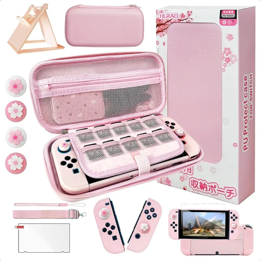 

Pink Travel Carrying Case Accories Kit Compatible with Switch OLED.Pink Switch OLED Hard Protective CoverAdjustable Stand Scre