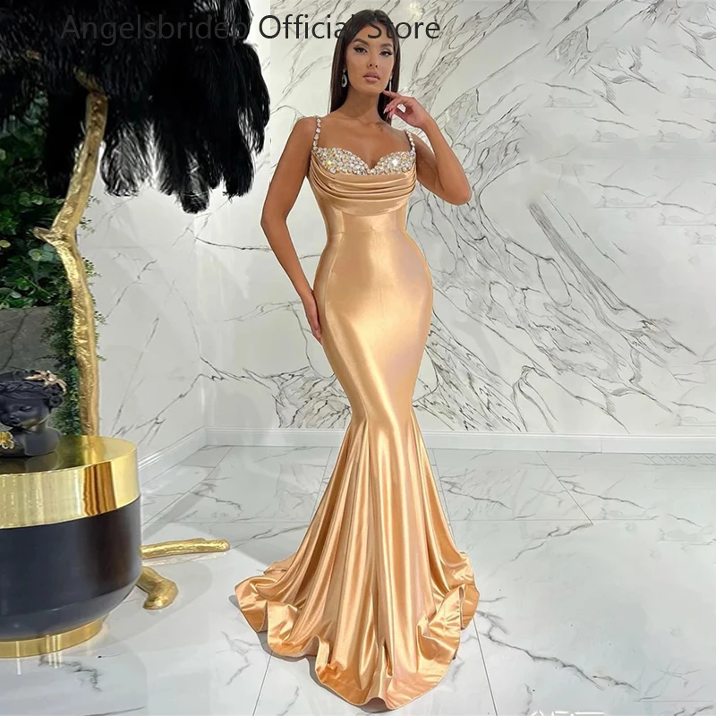 

Angelsbridep Dubai Shiny Mermaid Evening Dresses Spaghetti Straps Satin Prom Dress Crystals Saudi Arabia Celebrity Party Gowns