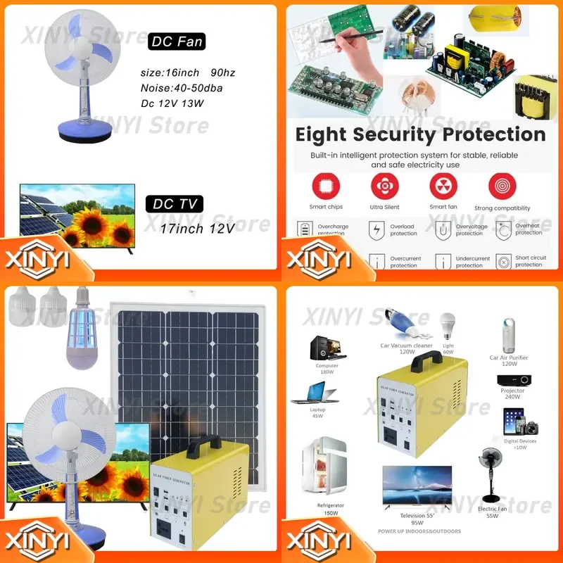 Portable Solar Panel System 300W DC AC Inverter for 12V 220V Devices with 12V 20AH Solar Cell Generator and Energy Storage
