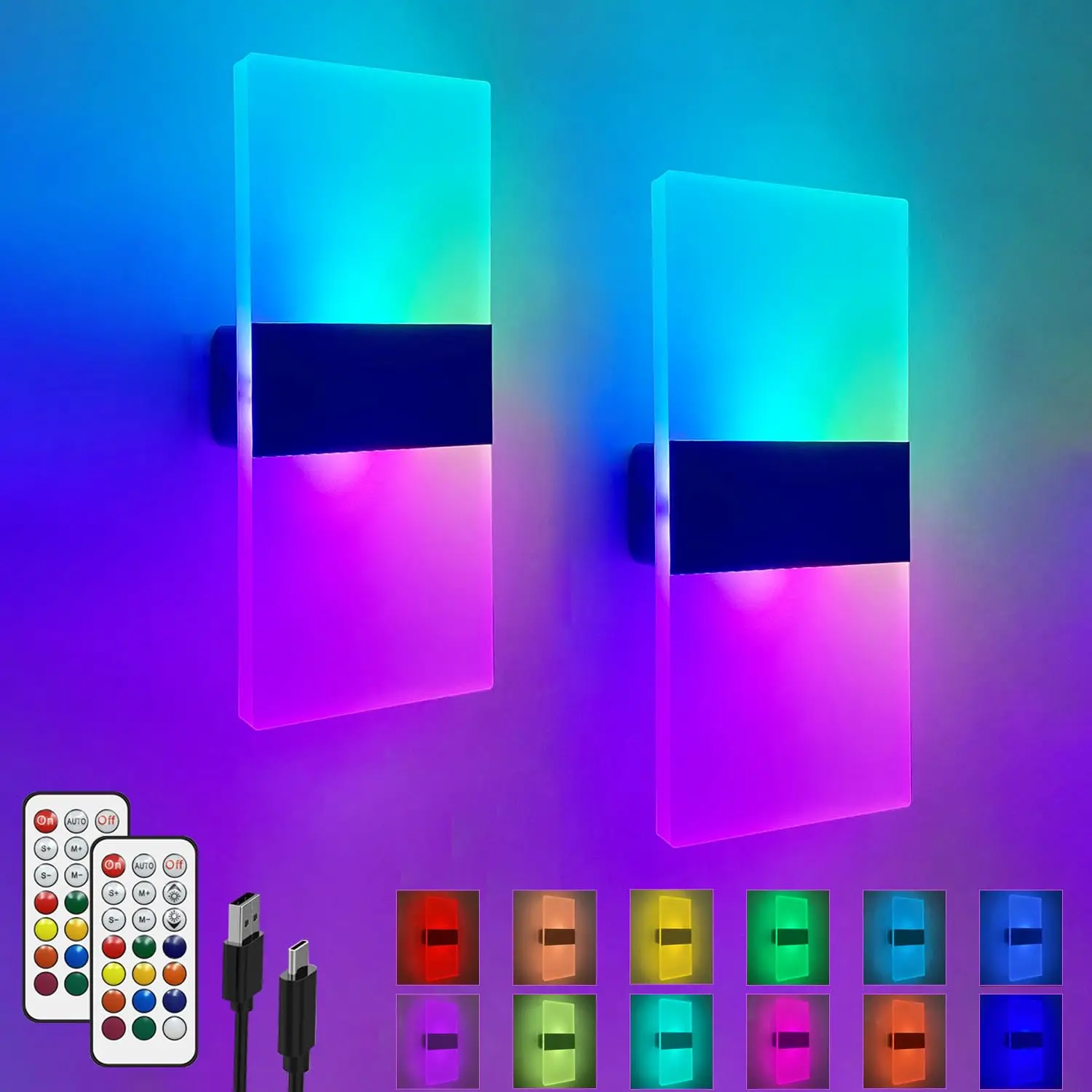 Rechargeable RGB Wall Sconces with Remote Control, Battery Operated Wall Lights,12 RGB Colors Dimmable LED Wall Lamp 2 Pack