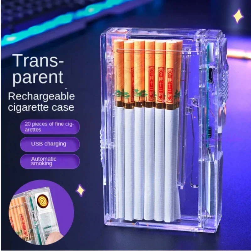 Creative Transparent Automatic Pop-up Cigarette Case Lighter Tungsten Ignition Cigarette Case Rechargeable Cigarette Case