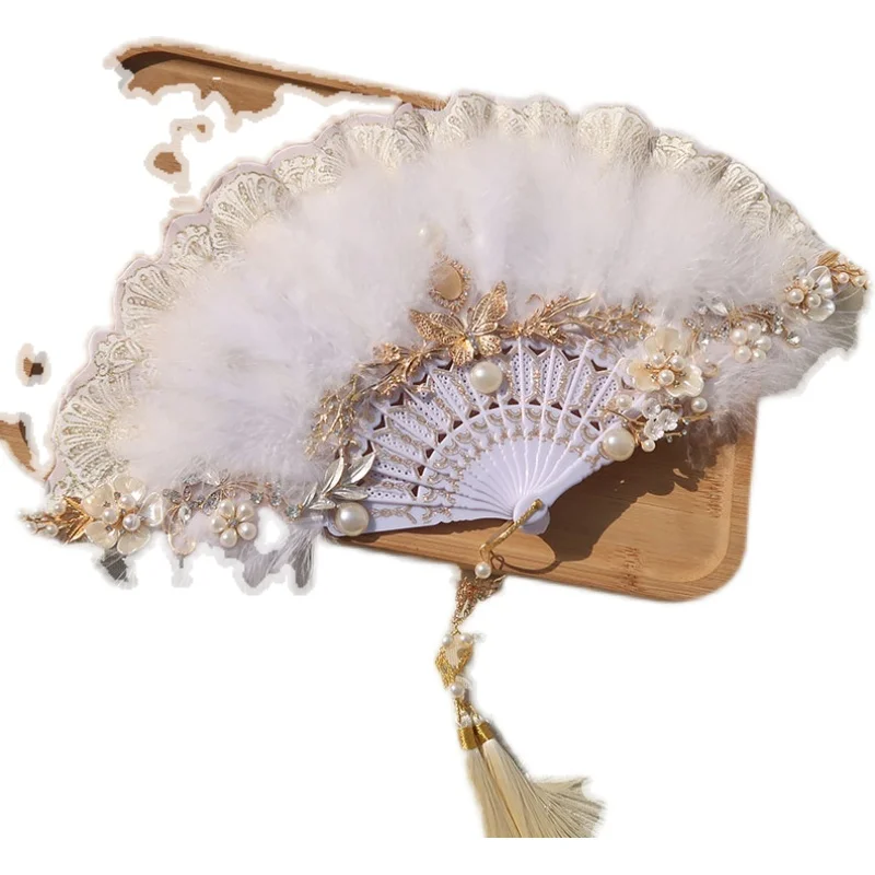 New Classical Feather Folding Fan Sweet Fairy Girl Palace Fan Swing Racket