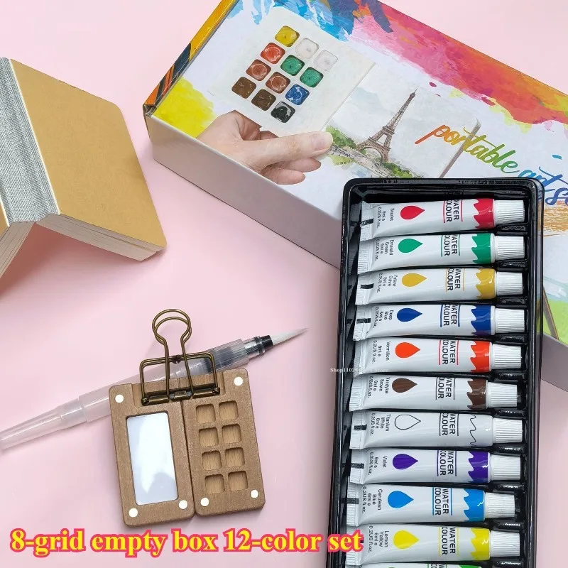 Boxed Mini 8 Grid Wooden Empty Box Drawing Board 12 Colors Watercolor Set Portable Outdoor Hand-drawn Illustration Art Supplies