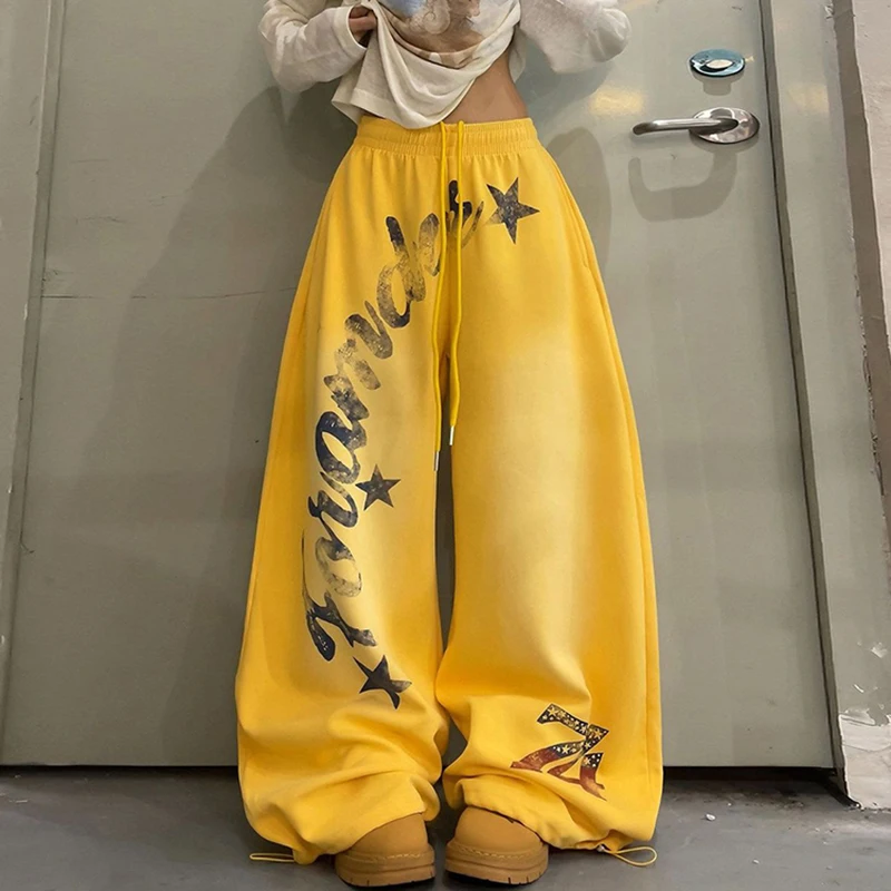 Trendy Yellow Women Wide Leg Pants Drawstring High Waist Baggy Letter Star Graphic Streetwear Y2K Hip Hop Dance Trousers