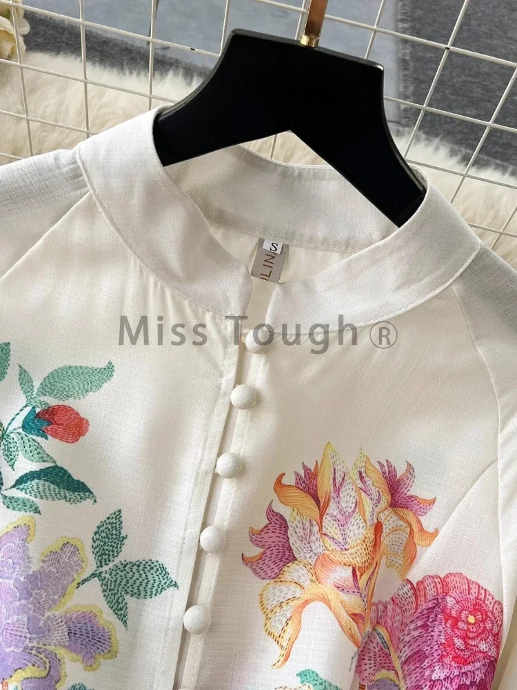French Elegant Linen Floral Holiday Robe Dress Women Spring Summer Stand Long Lantern Sleeve Sashes Vestidos Flral Print Clothes