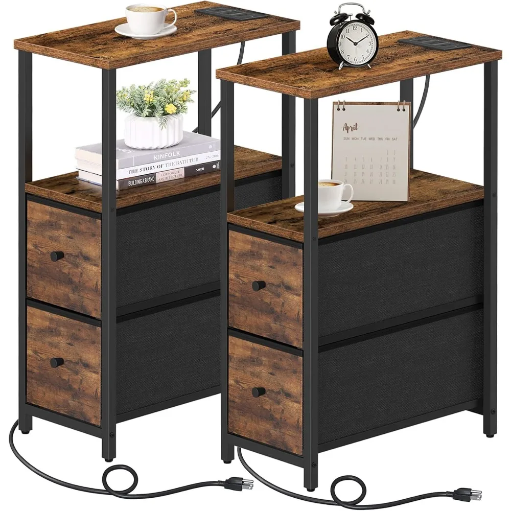 

Small Narrow End Table with Charging Station, Set of 2, Side Table with Outlets, Nightstand with 2 Cloth Drawers, Couch Table,