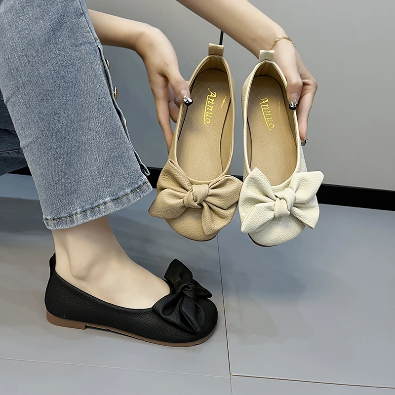 New Luxury Designer Shoes for Women Fashion Butterfly-knot Square Toe Party Leather Ballet Flats Ladies Flat Shoes Loafers Women