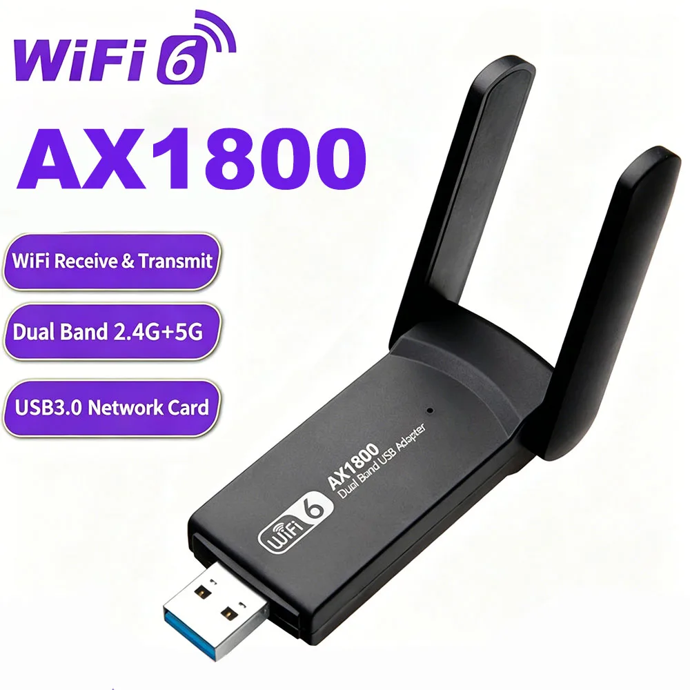 

WiFi 6 AX1800 USB 3.0 Adapter Dual Band 2.4G/5G Wireless Network Card High Gain Antenna WiFi Dongle for PC Laptop Windows 10 11