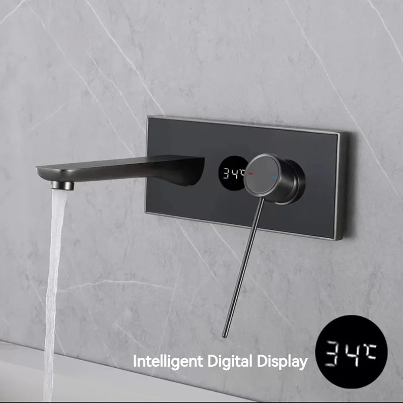 All Copper Wall-mounted Concealed Installation Hot and Cold Water Mixing Basin Faucets Intelligent Digital Display Temperature