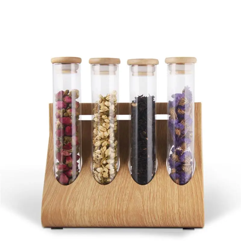 

Wooden Coffee Beans Flower Tea Display Rack Cereals Canister Glass Test Tube Sealed Storage Rack Storage Decorative Ornaments