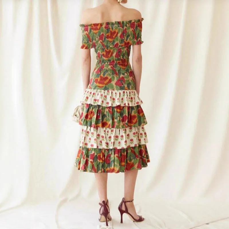 Verão vintage étnico manga curta vestido longo da mulher casual impressão em camadas plissado robe vestido elegante férias emendado vestido de festa