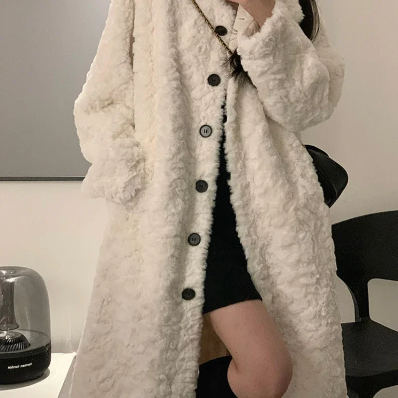 2022 Lamb Hair Coat Women\'s Long Coat Knee Length Imitation Rabbit Hair Fur Thickened Loose Stand Collar