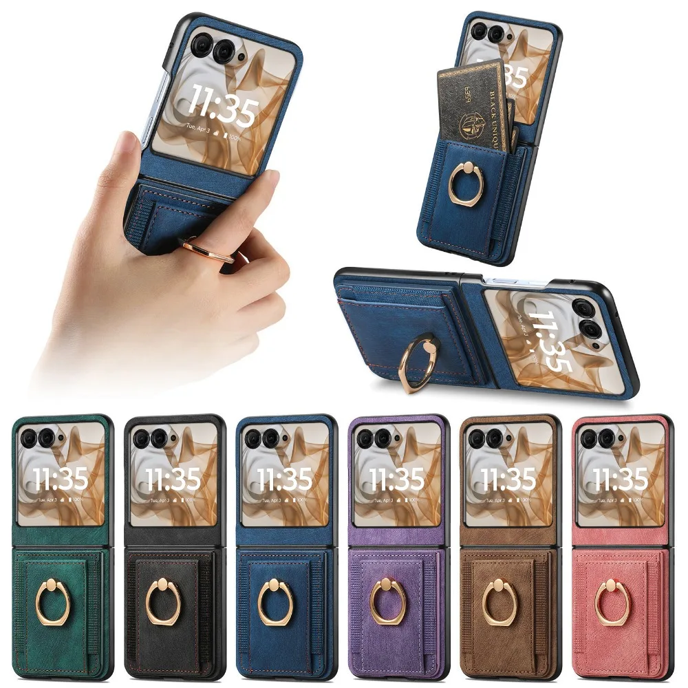 For Motorola Razr 50 Ultra Mooto Razr40 Retro Plain PU Leather Card Slot Holder Wallet Phone Case Ring Bracket Shockproof Cover