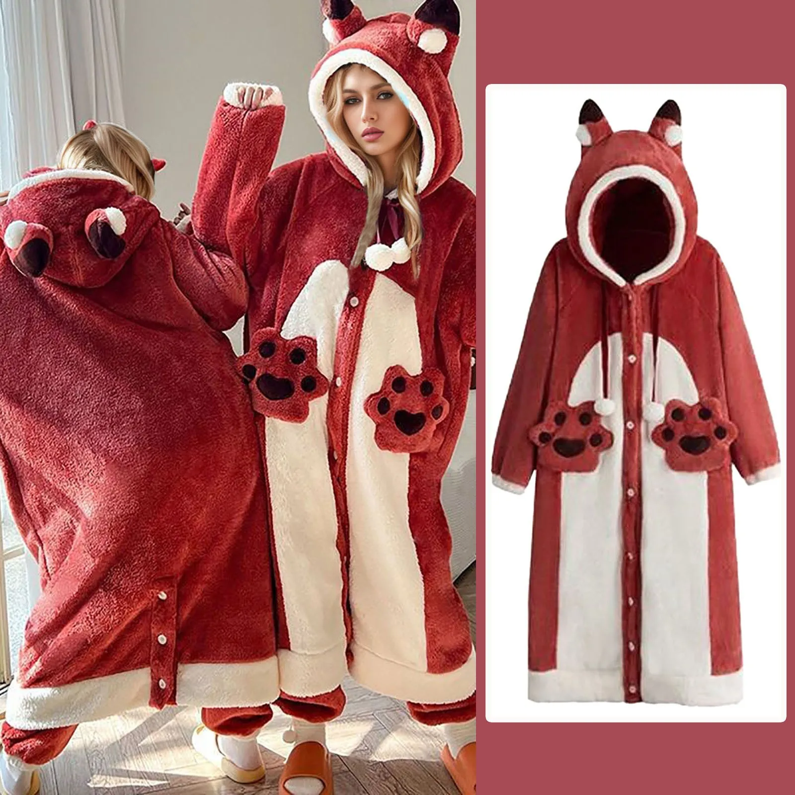 Winter Women's Nightgown Cartoon Foxs Ladies Night Wear Women Pajamas Gown Cloak Robe Nightgown Coral Fleece Robes