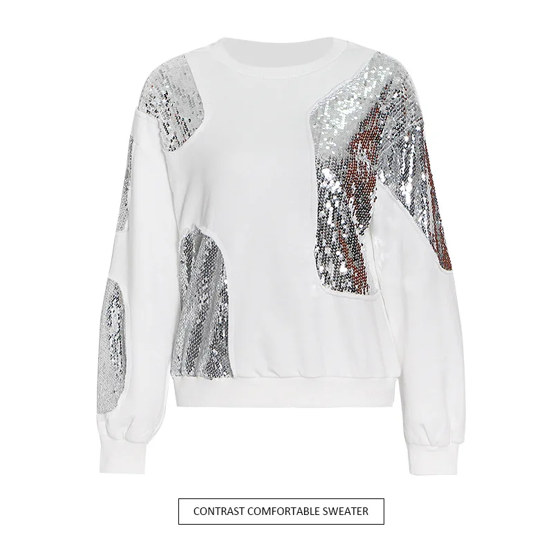 ZAMOR Women's 2026 New Hot Selling Sequin Splicing Sweatshirt Fashion Round Neck Pullover Long Sleeve Loose Korean Style Casual