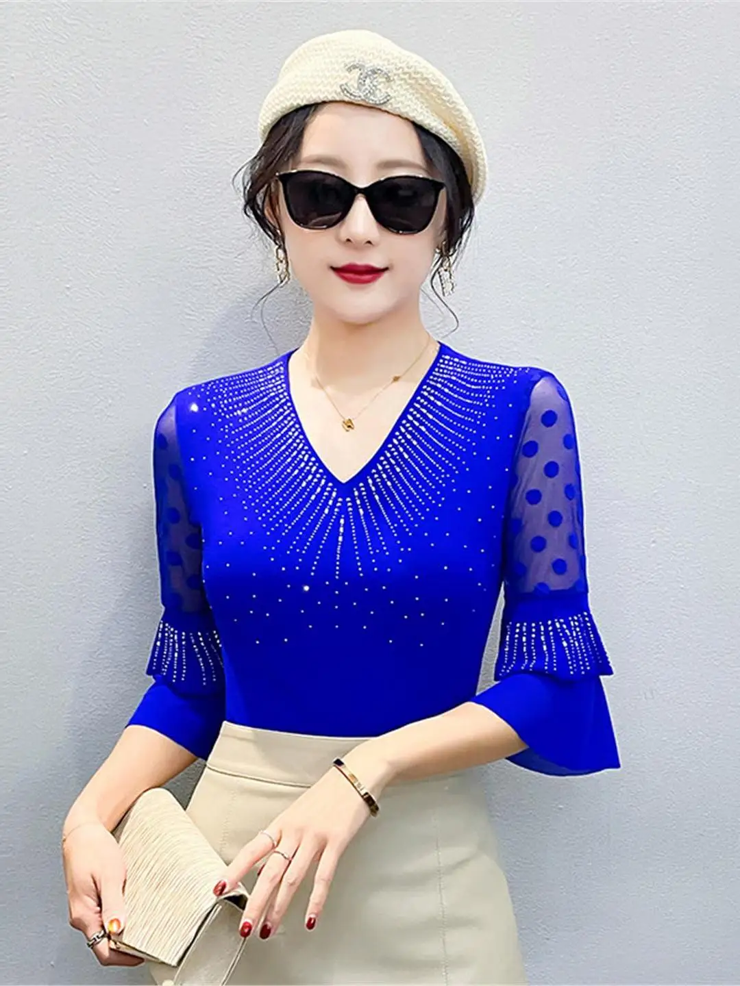 Summer 2026 Sexy Hollow out Mesh Top with Heat Resistant Bell Sleeves And Rhinestones Slimming Seven Sleeve T-shirts for Women