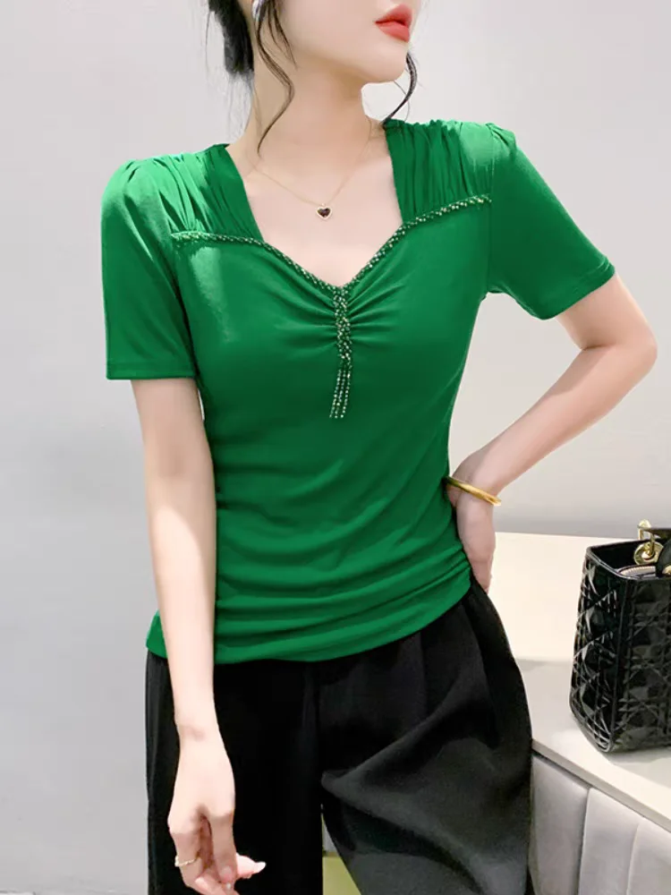 

2024 Summer Fashion T-shirt Girls Beading V Neck Short Sleeve Black Tees Shirts For Women BH9958