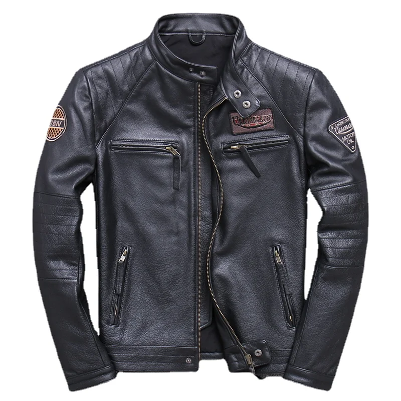 Fashion Biker Jackets Vintage Men's Genuine Leather Jacket Slim 100% Natural Cowhide Coat Real Leather Motorcycle Biker Clothing