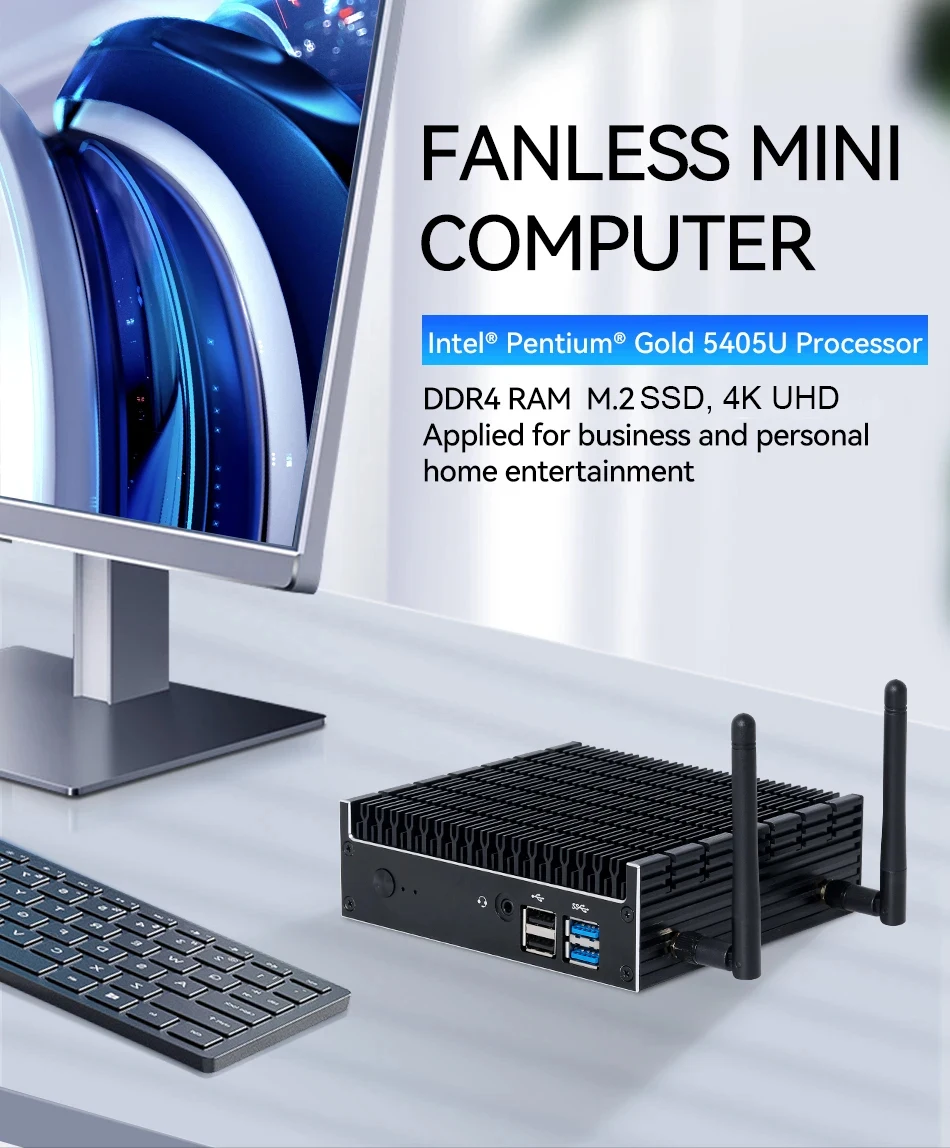 Ordenador Industrial sin ventilador Intel Pentium 5405U DDR4 M.2 NGFF SSD 4K UHD WiFi Bluetooth WIndows 11 Linux Barebone Mini PC