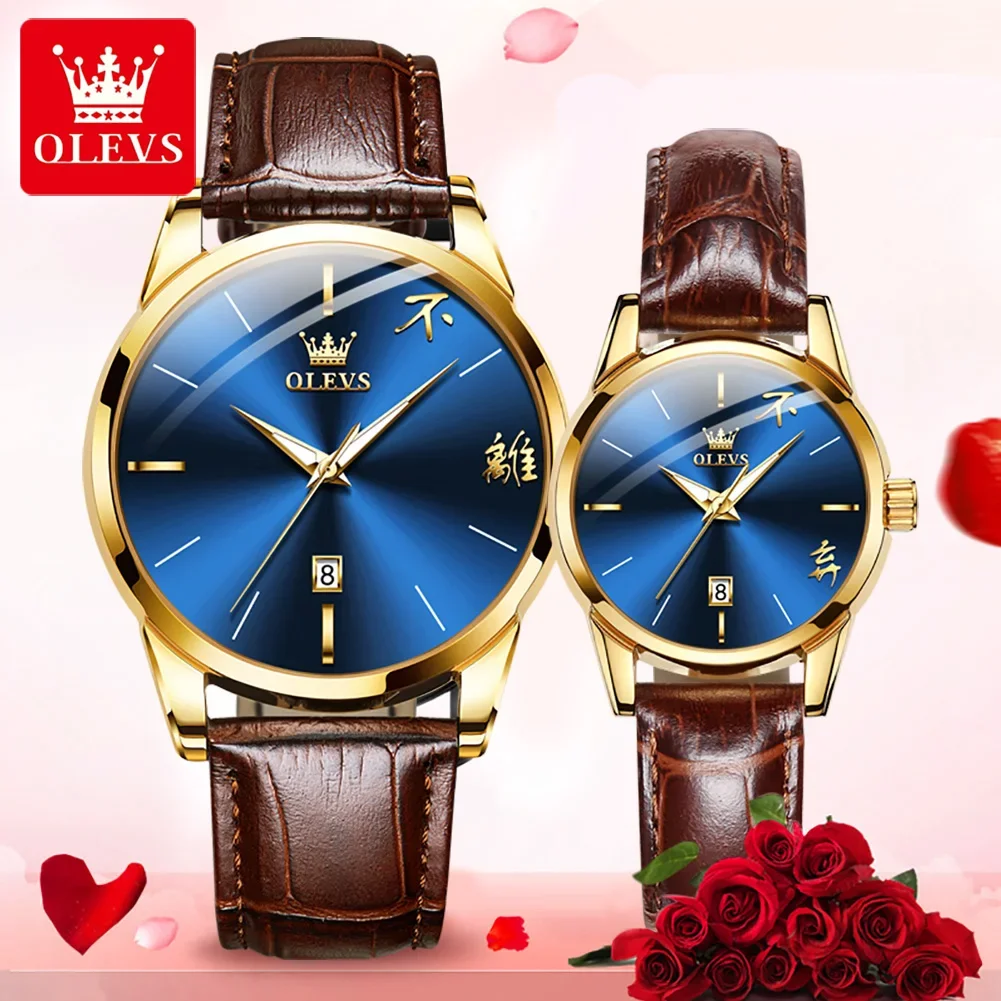 OLEVS 2865 Men And Women Luxury Gold Case Couple Quartz Watches Simple Calendar Display 30M Waterproof Clock Relogio Masculino