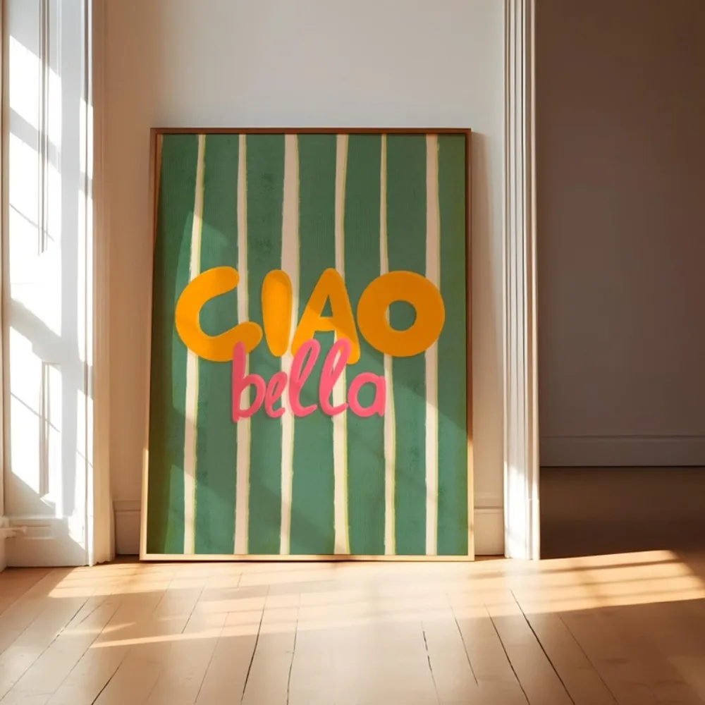 Póster de Ciao Bella, arte de pared verde salvia con estampado de rayas, arte de pared de cocina estético de muy buen gusto, decoración de popamina, decoración artística de pared de moda