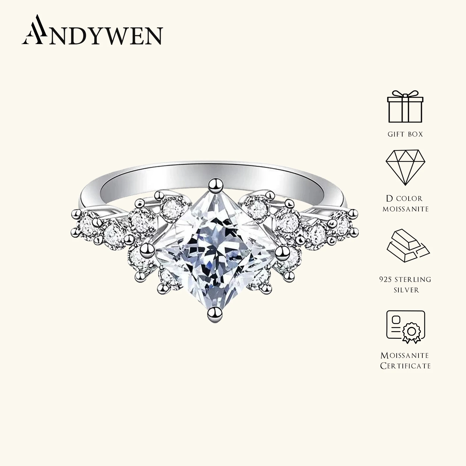 

ANDYWEN 1CT D Color VVS1 Moissanite Ring 925 Sterling Silver Delicate Luxury Diamond Ring for Women Anniversary Wedding Jewelry
