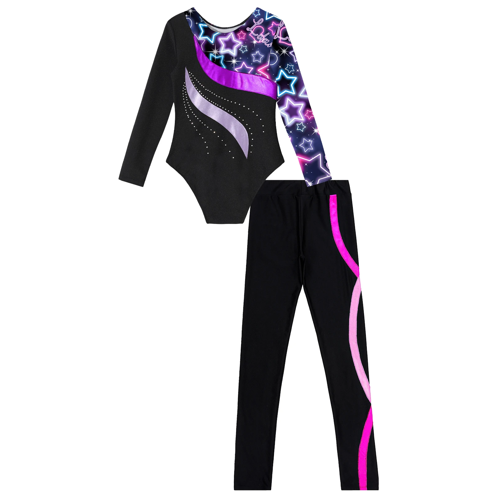 Kids Girls Ballet Dance Unitards body adornato con strass lucidi a maniche lunghe con pantaloni Legging per ginnastica pattinaggio su ghiaccio nuovo