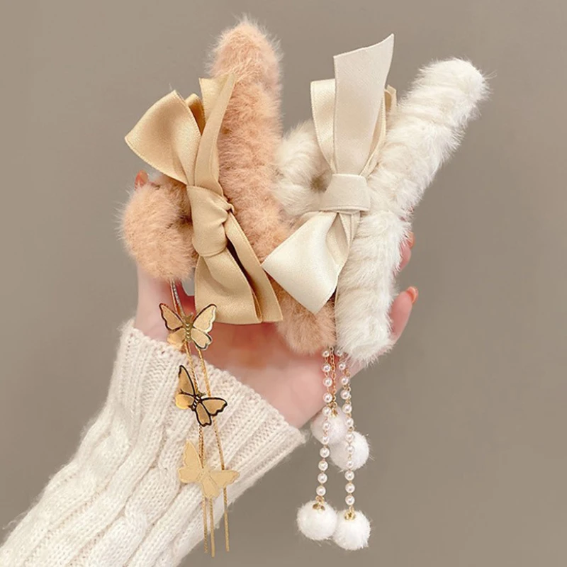 Jepit Rambut Elegan Jepit Rambut Bulu Imitasi Jepit Rambut Kepiting Jepit Rambut Rumbai Musim Dingin untuk Wanita Anak Perempuan Aksesori Rambut