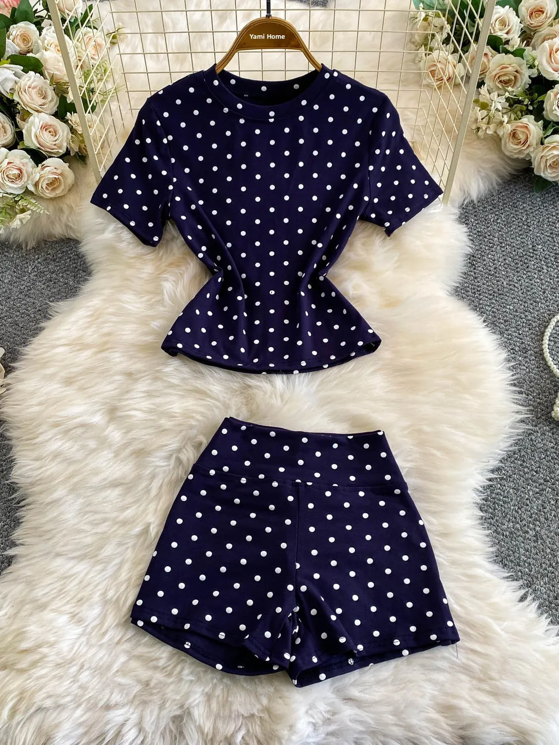 Korean Style Polka Dot Knitted Short Sleeve T-Shirt High Waist Fitness Pants Women's Fashion Set Slimming Peach Pants Two Pie... view 3
