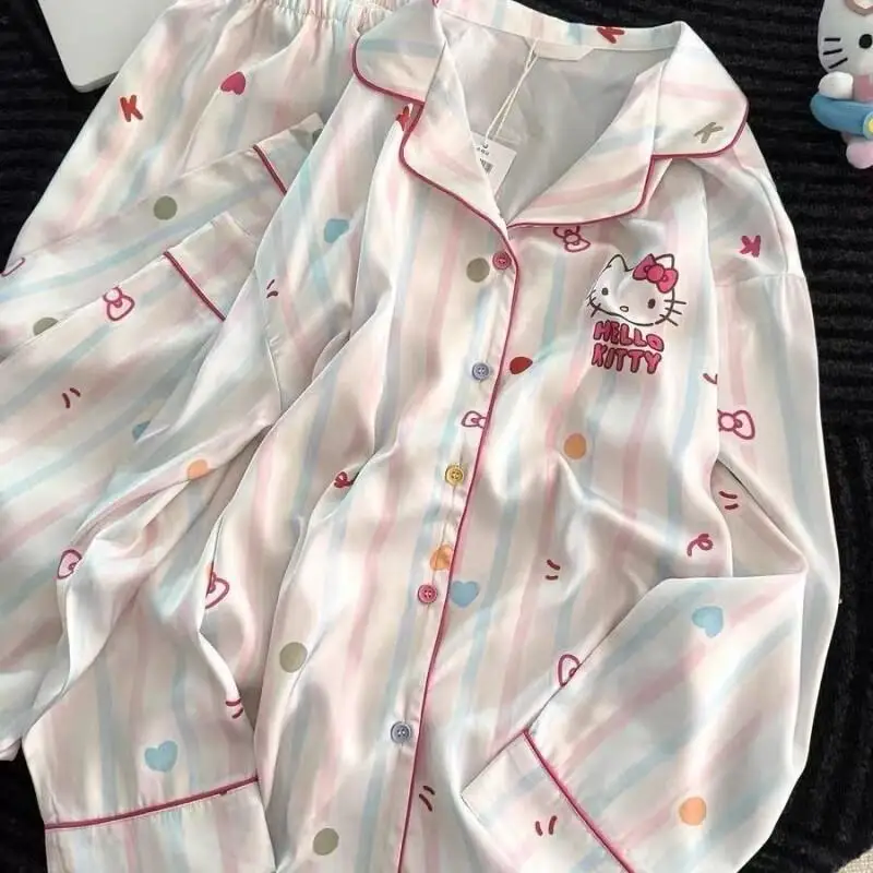 

Комплект пижам Sanrio Hello Kitty с длинными рукавами и длинными брюками, женский комплект пижам с героями мультфильмов, весенне-осенняя домашняя одежда, милый повседневный комплект в полоску, комплект для сна