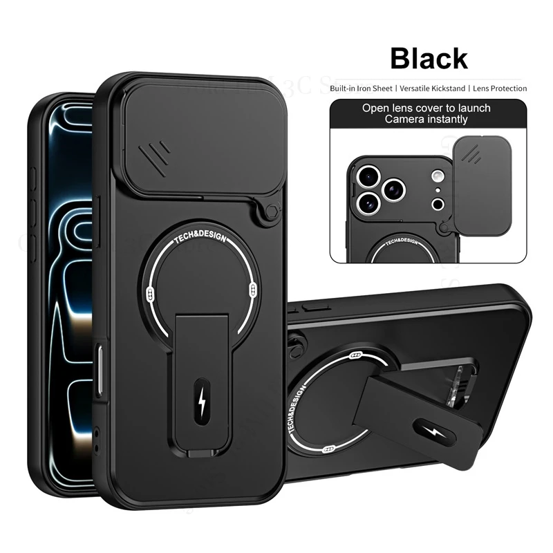Wireless Charging Magnetic For Magsafe Case For iPhone Apple 17 16 15 14 13 Pro Max Slide Lens Flip Book Stand Protection Cover