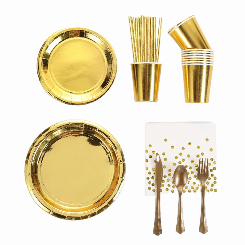 Nuevo suministros desechables para fiesta temática chapados en oro, decoración de cumpleaños, vajilla, plato de papel, servilleta, taza, Baby