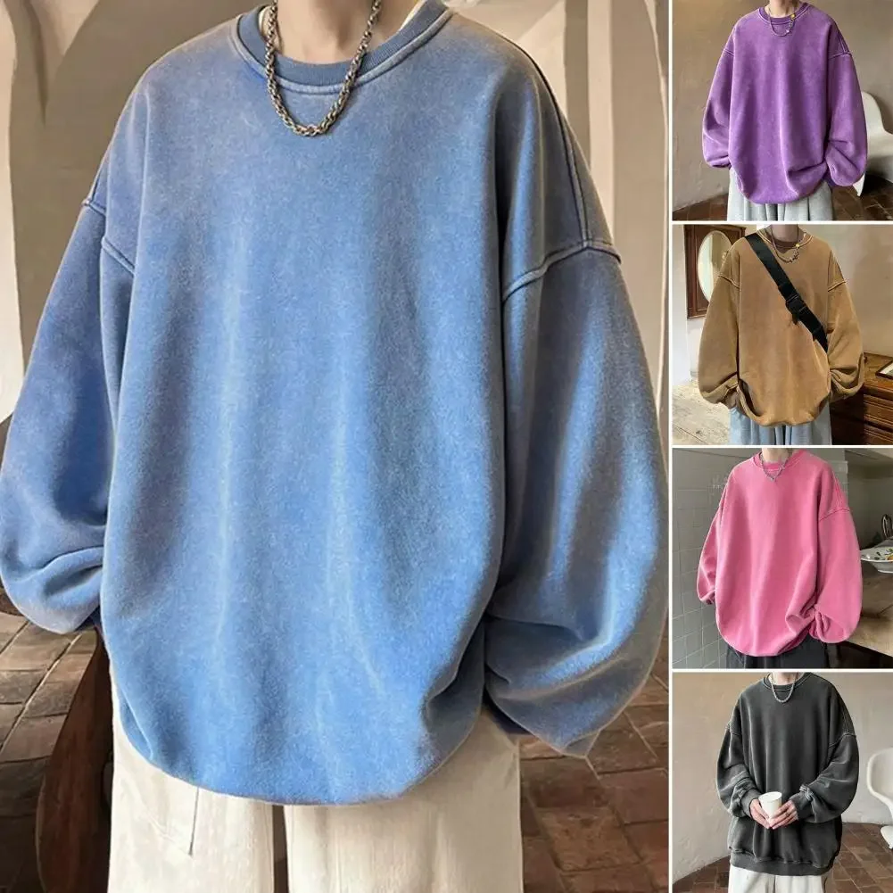 

Spring Sweatshirt Vintage Streetwear Men's Pullover Cozy O Neck Sweatshirt for Fall Winter Loose Fit Solid Color Top for Casual