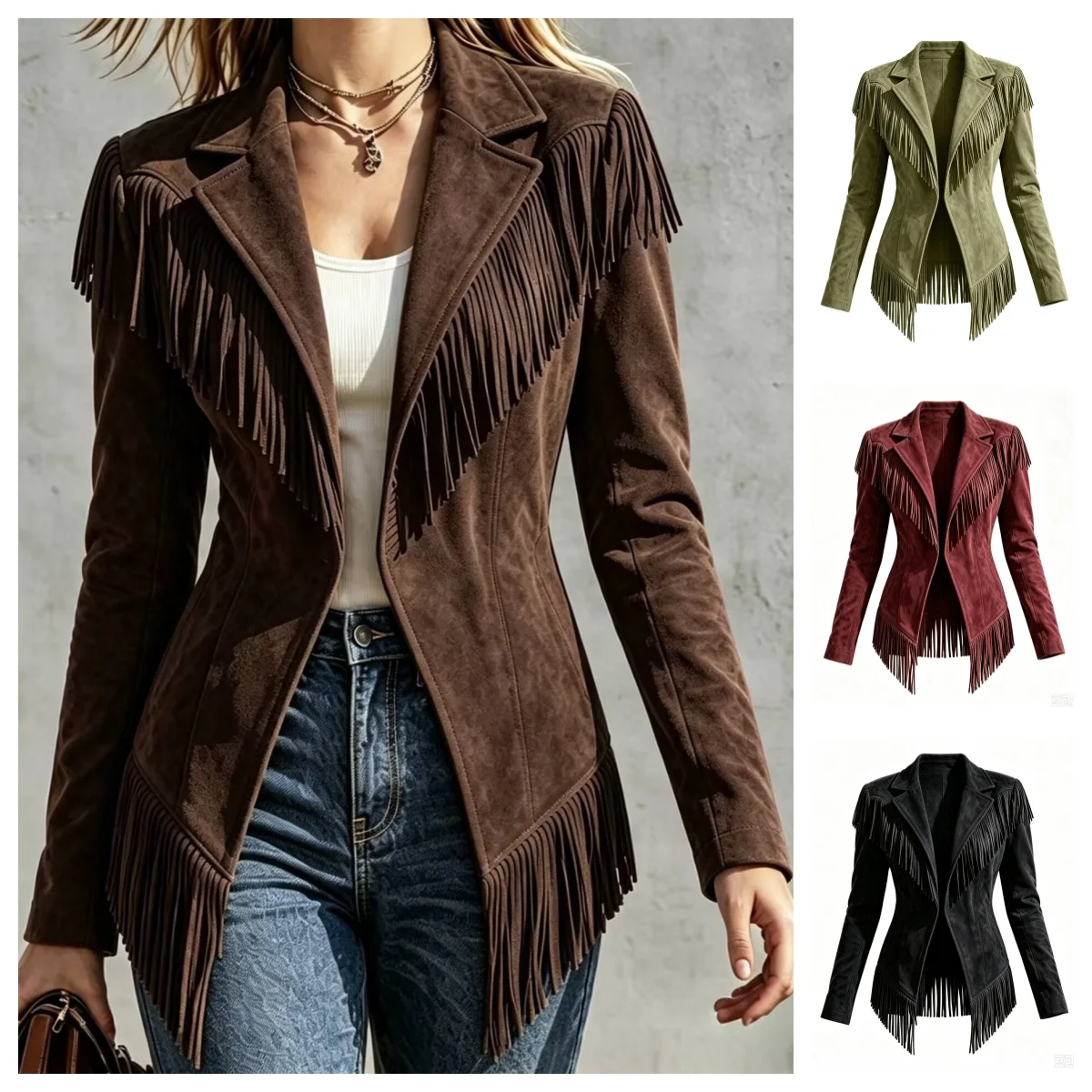 Boho Women Jackets Faux Suede Fringe Slim Fit Turn Down Collar Long Sleeve Coat Vintage Streetwear Daily Casual Outerwear Tops