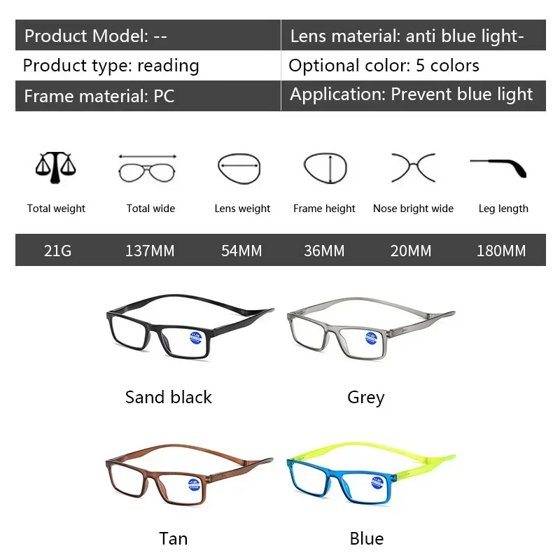 Hanging Neck Reading Glasses Men\'s Women Anti-Blue Light Portable Ultra-light Computer Spectacles Square-Frame