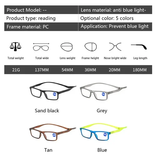 Imagen 2 del producto Gafas de lectura con cuello colgante para hombre y mujer, anteojos ultraligeros portátiles con luz azul, montura cuadrada