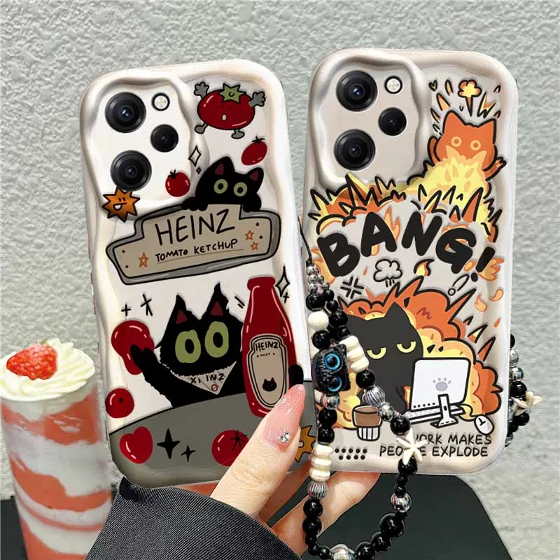 Étui à chaîne avec cordon en silicone souple, motif chat noir, pour POCO F3 F7 F8 Ultra X7 X6 M7 Pro X3 NFC Xiaomi 14 15T PRO