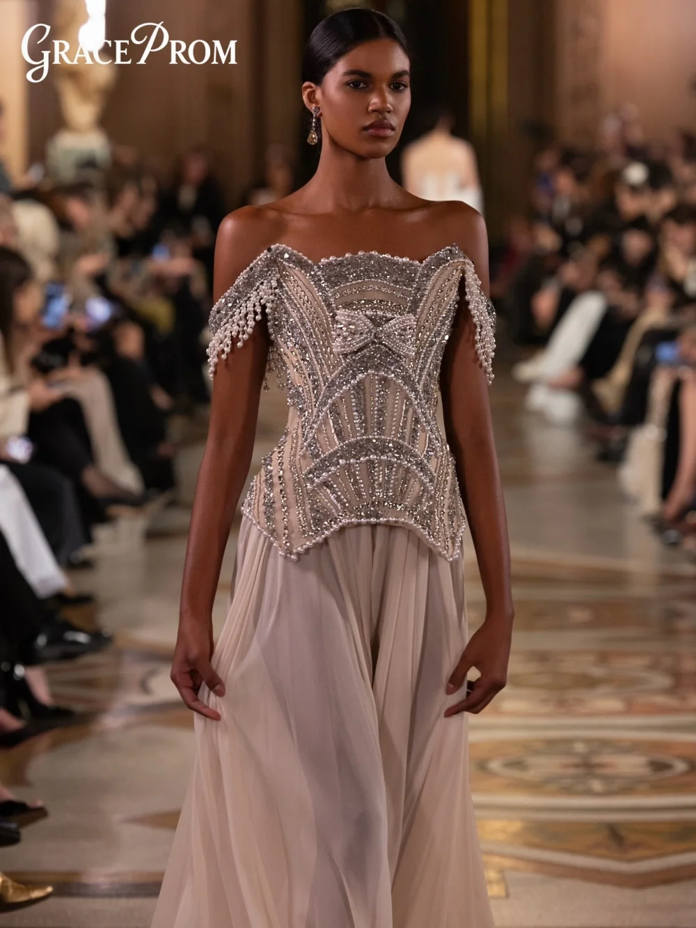 

Glamorous Off the Shoulder Prom Dress Sparkling Beaded Chiffon Evening Gown Bodice Party Dress 2026 New Vestidos De Noche