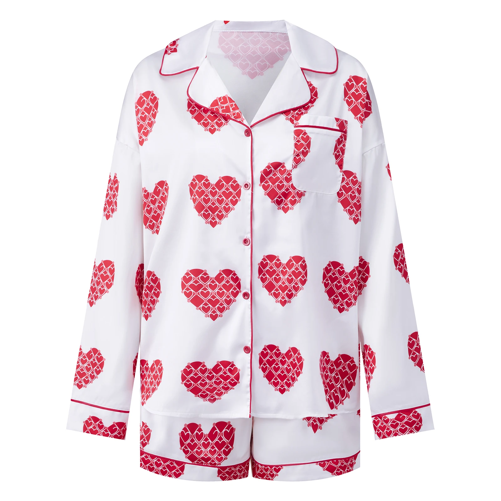 

Luxury Women's Valentine's Day Pajama Set Long Sleeve Lapel Heart Print Shirt Wide Leg Shorts Sleepwear