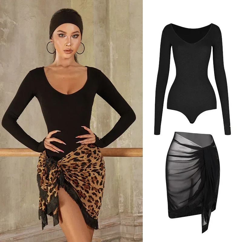 

ZYM Latin Dance Dress Women Long Sleeves Leotards Black Tops Leopard Skirt Rumba Cha Cha Tango Performance Dance Wear DNV21791