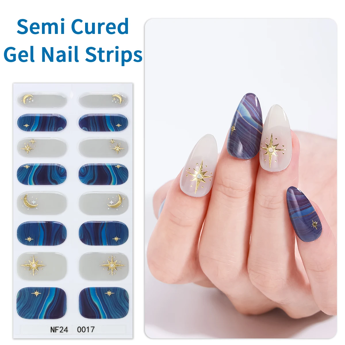 Bandes d'autocollants pour ongles en gel semi-durci, brillant, ciel étoilé, paillettes dégradées, couverture complète, longue durée, curseurs pour ongles, 16 pointes