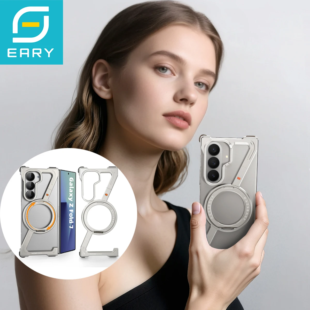 

Безрамный чехол Eary Z-образный для Galaxy Z Fold 7 с 360° ° Поворотная магнитная подставка, металлический алюминиевый чехол для телефона, противоударный защитный чехол