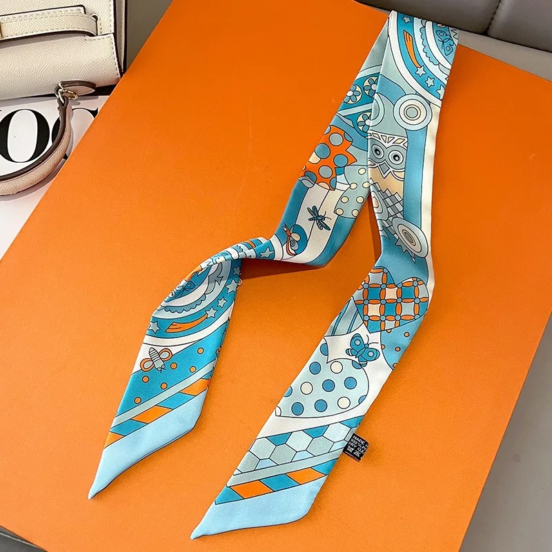 2024 Blue Silk Scarf Women Luxury Chain Print Bag Skinny Scarves Wraps Wrist Towel Foulards Neckerchief Headband Muslim Hijabs