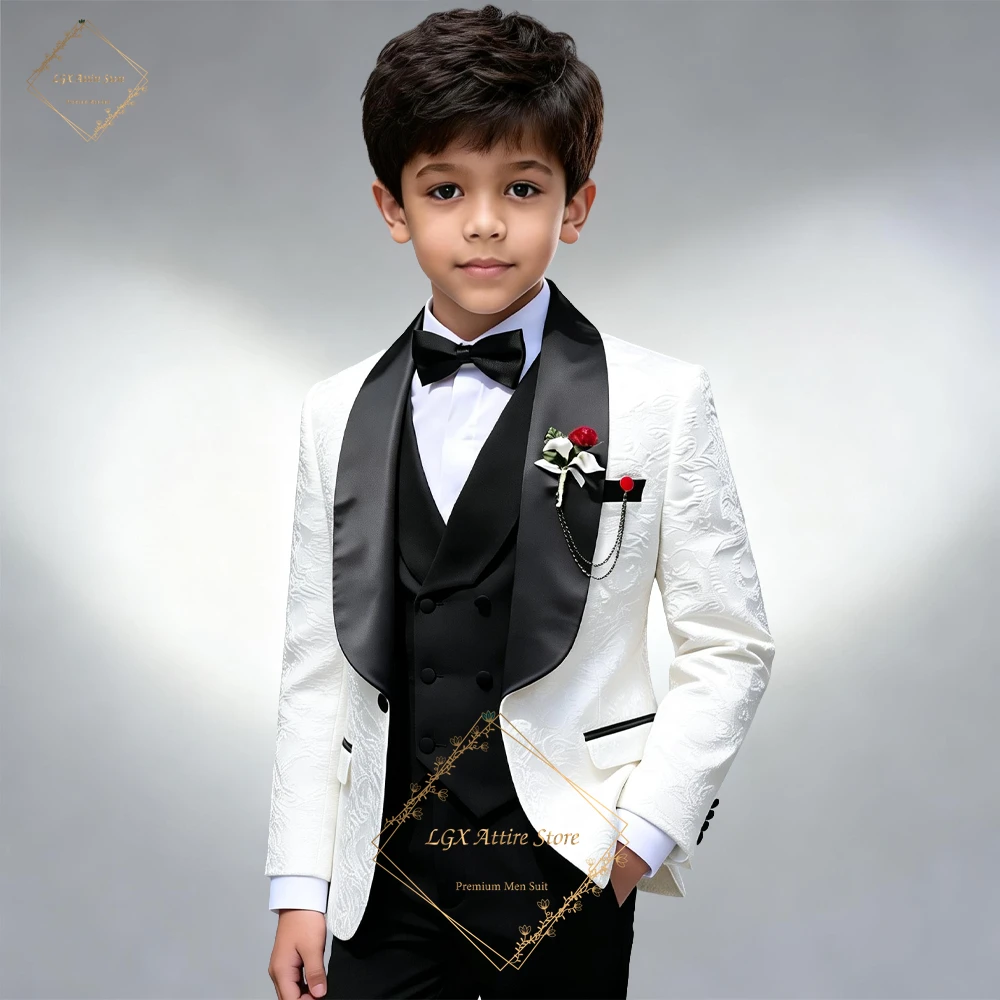

Boys' Elegant 3-Piece Formal Suit – Jacquard Blazer with Black Shawl Lapel, Waistcoat & Pants for Pageboys & Ceremonies
